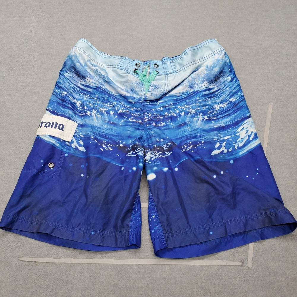 Corona Extra Men Swimwear 34 Blue Trunks Logo Ocean Waves Drawstring 11" inseam